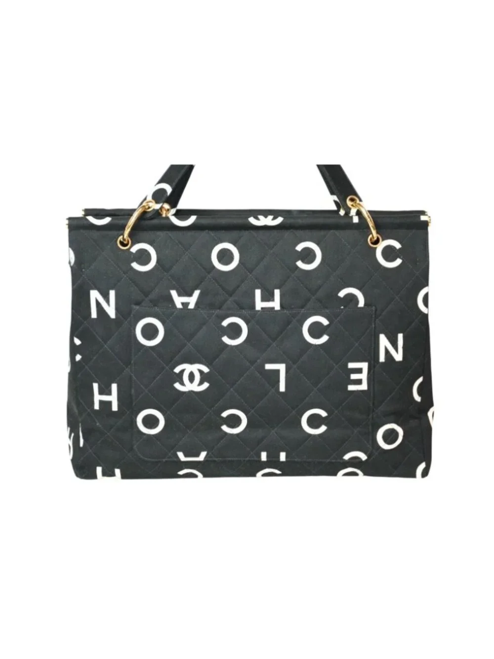 Chanel Handbag Quilted Black White Cotton Canvas Gold
